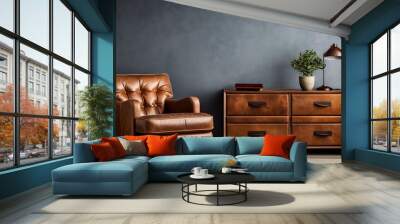 masculine brutal interior in dark colors with brown leather furniture Wall mural