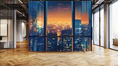 Modern colorful view of window frame. Abstract view of a building with huge windows. Minimal city view at night. Backdrop wallpaper.
Modern colorful view of window frame. Abstract view of a building w Wall mural