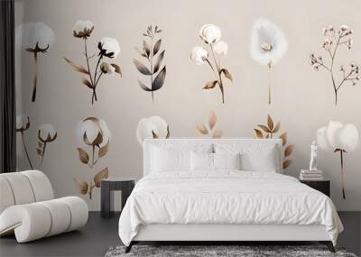 Monochrome stylized pictures set of white cotton flowers. Vector illustrations set. Cotton flower plant, organic ball fluffy boll
 Wall mural