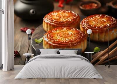 Mooncake traditional Chinese pastry served with tea for Mid Autumn day festival Wall mural