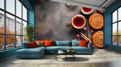 Mooncake traditional Chinese pastry served with tea for Mid Autumn day festival Wall mural