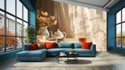 Morning Tea Set in Soft Sunlight with Sheer Curtains
 Wall mural