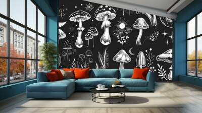 Mystical boho mushrooms isolated clipart set, magic line celestial mushroom, moon and stars, witchy esoteric objects, floral mystical - black and white vector illustration
 Wall mural