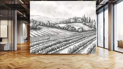 Nature. Landscape vineyard and farm. European landscape. Typography posters design. Simple pencil drawing.Print, banner, label, cover or t-shirt Wall mural