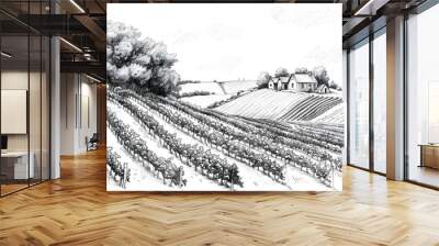 Nature. Landscape vineyard and farm. European landscape. Typography posters design. Simple pencil drawing.Print, banner, label, cover or t-shirt Wall mural