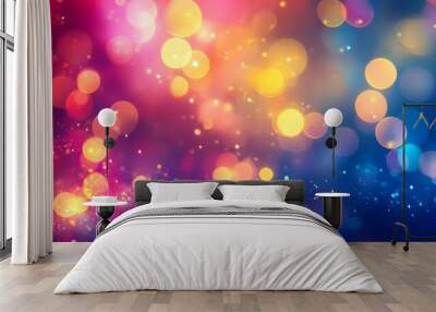 Neon shiny background with multicolored sparkles and circles. Bright fashionable colors of the season - yellow, pink and blue.
 Wall mural