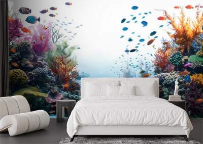 Ocean underwater with corals, seaweed and fish on transparent background. Wall mural