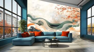 Oriental background with flowing water and floral pattern Wall mural