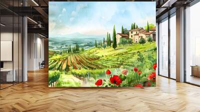 Panoramic view of green valley landscape with brick houses, vineyards, groves, poppies and cypress trees, front view.Watercolor or aquarelle painting illustration. Wall mural