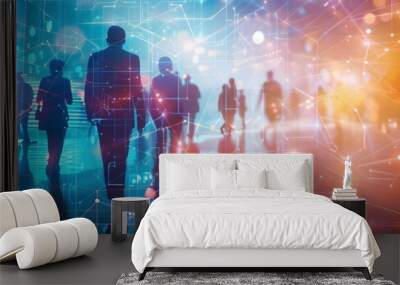 People in a digital world, connected in cyberspace. Colorful technology background
 Wall mural