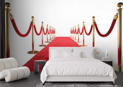 Red carpet with velvet rope barrier and gold poles in perspective view on white background
 Wall mural