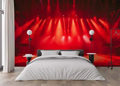 Rock concert stage light background with spotlight illuminated the stage for night music festival. Performance event stage. Empty stage with dramatic red colors. Entertainment show. Rock concert stage Wall mural