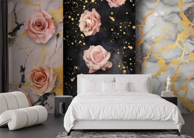 Set of seamless pattern of roses and marble with golden colors for wallpaper Wall mural