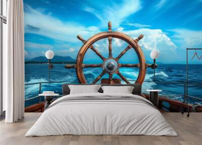 ship wheel on boat with sea and sky. freedom and adventure. direction concept Wall mural