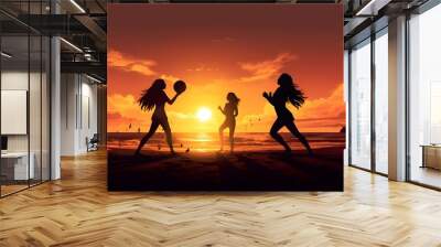 Silhouette of girls playing beach volley at sunset Wall mural