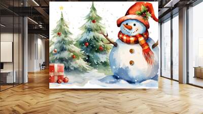 snowman with christmas tree ornament watercolor vector illustration Wall mural