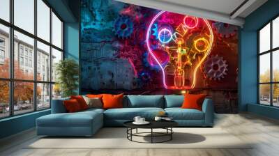 Square neon light bulb with gears and cogs working together as a background for your design Wall mural