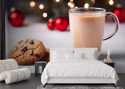 Tasty Christmas cookie and cup of drink on light background Wall mural