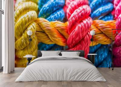 Team rope diverse strength connect partnership together teamwork unity communicate support. Strong diverse network rope team concept integrate braid color background cooperation empower power.Team rop Wall mural