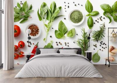 Top view of Herbs and spices isolated on background, ingredients for cooking food, healthy vegetables food, high fibers and vitamins. Wall mural