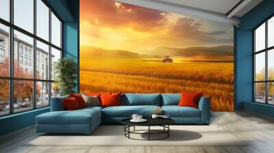 Tractor working on the rice fields barley farm at sunset time, modern agricultural transport.
 Wall mural