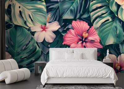 Tropical pattern seamless floral design with leaves and flowers. Background summer nature decorative exotic plant palm. Jungle art spring texture, abstract pink colorful hibiscus. Wall mural