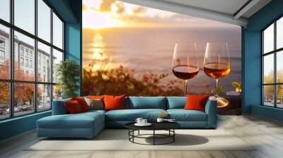 Two different glasses of Madeira wines at sunset, wine tasting, Madeira island, Portugal Wall mural