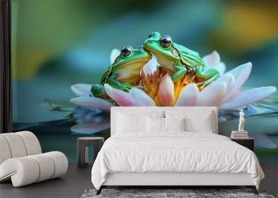 Two green frogs sitting on a flower Wall mural