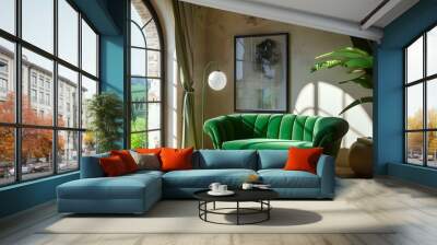 Vibrant green velvet sofa against arched window near ball floor lamp and stone cladding wall. Mediterranean style home interior design of modern living room. Wall mural