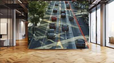 Visualization of the interaction of self-driving autonomous vehicles. Robotic cars are controlled by AI, driving along a busy city avenue, scanning the road with sensors, exchanging information.  Wall mural