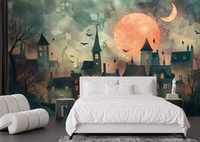 Watercolor Illustration of a Spooky Town With Ghosts and Buildings Wall mural