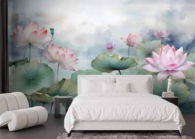 watercolor wallpaper pattern landscape of lotus flower with kingfisher with pink background Wall mural