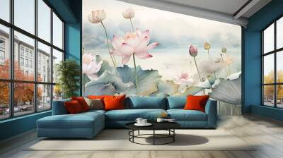 watercolor wallpaper pattern landscape of lotus flower with kingfisher with pink background Wall mural