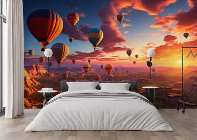 Aerial view of a fleet of hot air balloons, in Cappadocia, Turkey, at sunrise. Cappadocia is a popular tourist destination. Wall mural