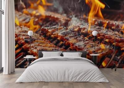 bbq pork ribs cooking on flaming grill. grilling baby back pork ribs over flaming grill Wall mural