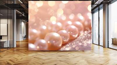 Beautiful group of shiny pearls on soft background with sparkles and light beams with copy space. White pearls whit gold in motion background. Pile of pearls on the shiny background Wall mural