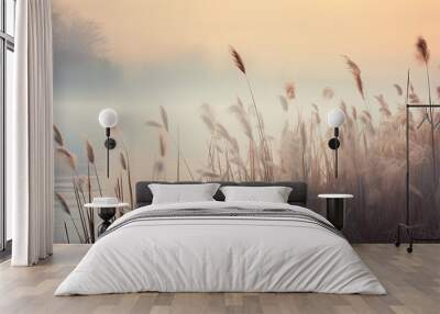 Beautiful serene nature scene with river reeds fog and water Wall mural