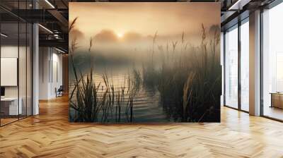 Beautiful serene nature scene with river reeds fog and water Wall mural