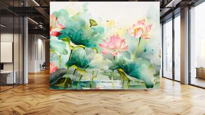 Beautiful watercolor painting of lotus flowers and leaves in a pond, in an influential and harmonious style of colors. A symbol of fertility.
 Wall mural