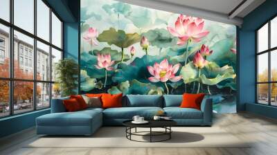 Beautiful watercolor painting of lotus flowers and leaves in a pond, in an influential and harmonious style of colors. A symbol of fertility.
 Wall mural