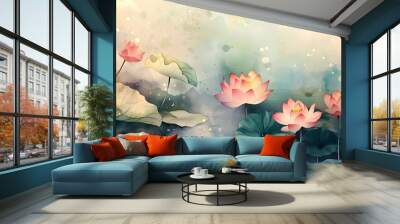 Beautiful watercolor painting of lotus flowers and leaves in a pond, in an influential and harmonious style of colors. A symbol of fertility.
 Wall mural