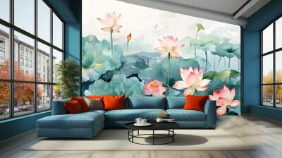 Beautiful watercolor painting of lotus flowers and leaves in a pond, in an influential and harmonious style of colors. A symbol of fertility.
 Wall mural