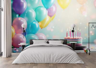 birthday party balloons, colourful balloons background and birthday cake with candles  Wall mural