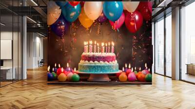 birthday party balloons, colourful balloons background and birthday cake with candles 
 Wall mural