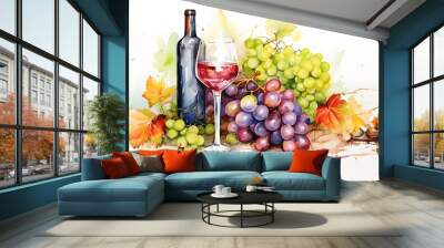 Bunch of blue grapes, red wine bottle and wine glass on landscape with hills and vineyards. Watercolor or aquarelle painting illustration.  Wall mural