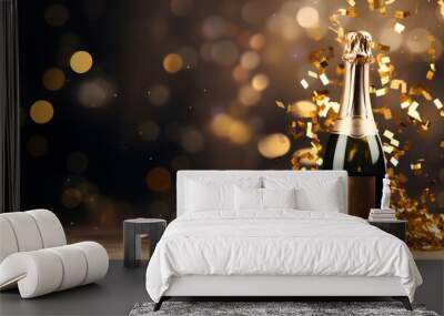 Celebration background with golden champagne bottle, confetti stars and party streamers. Christmas, birthday or wedding concept. copy space. Wall mural