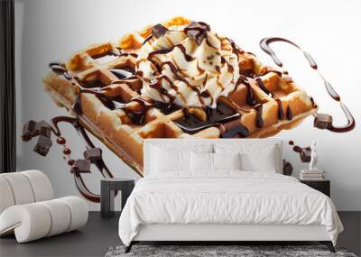 chocolate and caramel maple or honey syrup with ice cream scoop fresh baked waffles morning breakfast Wall mural