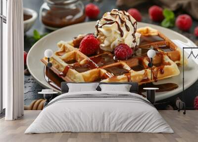 chocolate and caramel maple or honey syrup with ice cream scoop fresh baked waffles morning breakfast Wall mural