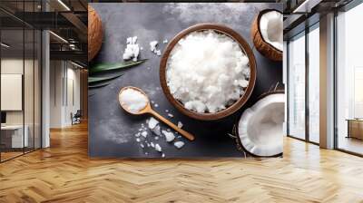 Coconut body scrub with ingredients on gray table top view. Homemade cosmetic for peeling and spa care. Flat lay.
 Wall mural