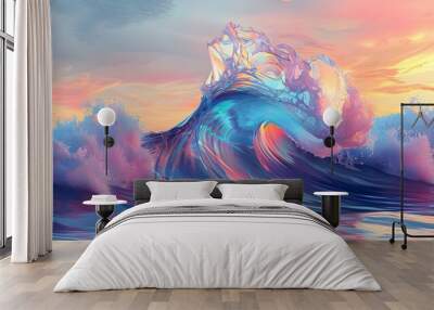 Colorful Ocean Wave. Sea water in crest shape. Sunset light and on background. Wall mural